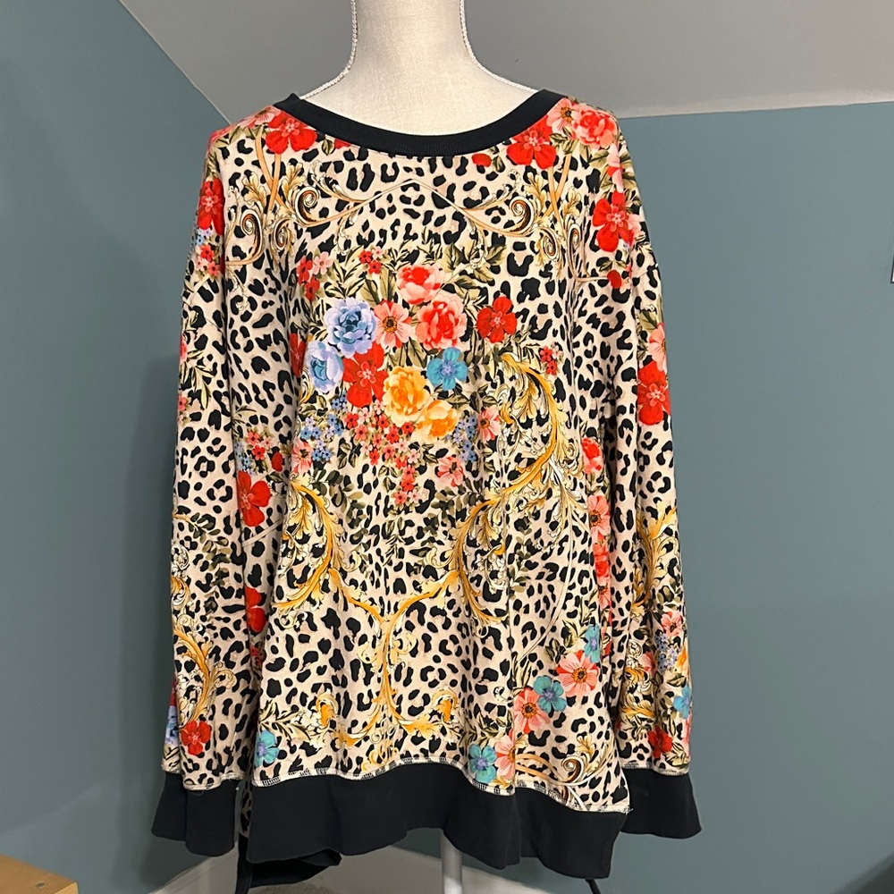 Johnny Was Cream Leopard Floral Print Long Sleeve Sweatshirt with Black Trim